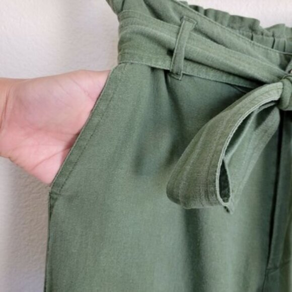 LOVE TREE Wide Leg Green Linen Pants Size Small high-rise belted Straight Pants - Picture 4 of 11